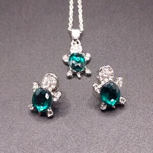 925 Silver Turtle Necklace Earrings Set CZ Emerald Anniversary Birthday Gift